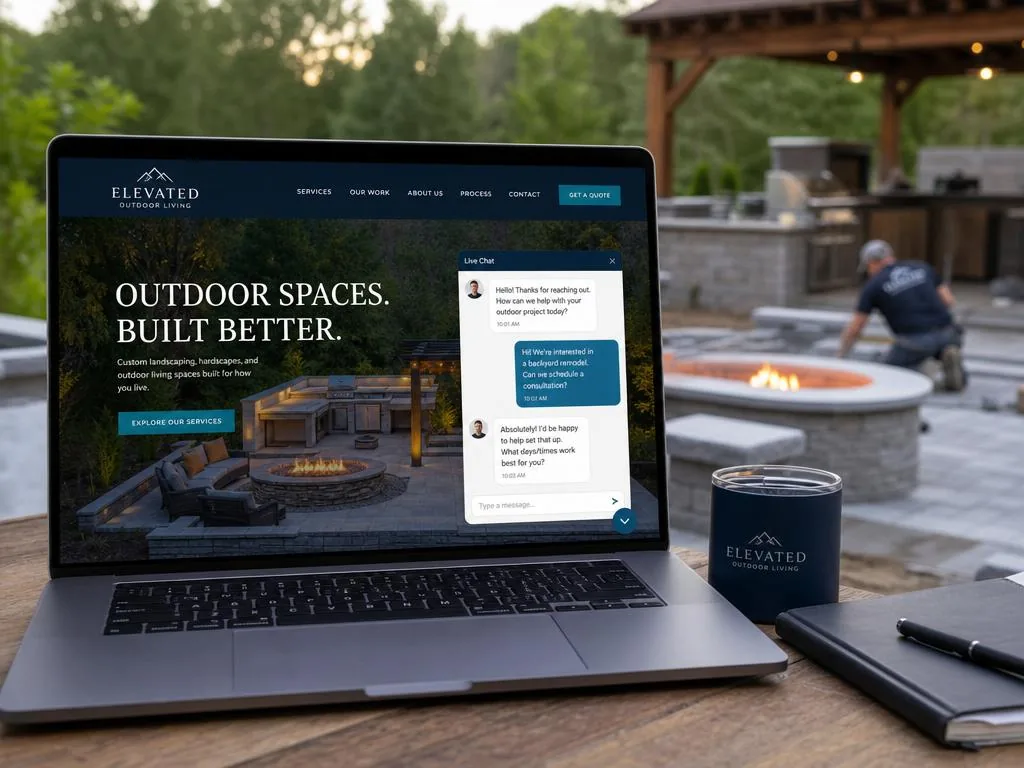 Landscape construction website showcasing hardscape and outdoor living portfolio, with a live chat feature on a smartphone for design consultation inquiries.