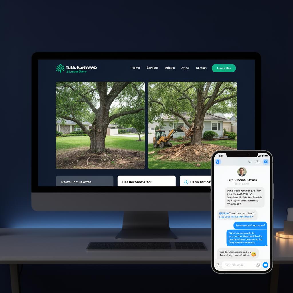 Tree service website showcasing before-and-after images of tree removal, with a live chat feature on a smartphone for customer inquiries, emphasizing local landscaping solutions.