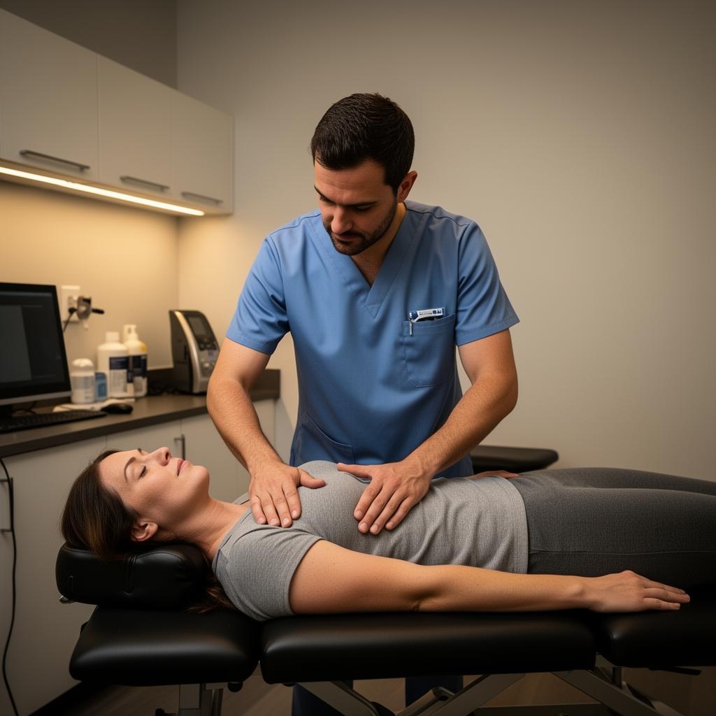 Chiropractor performing treatment on patient in clinic, emphasizing patient care and chiropractic services.