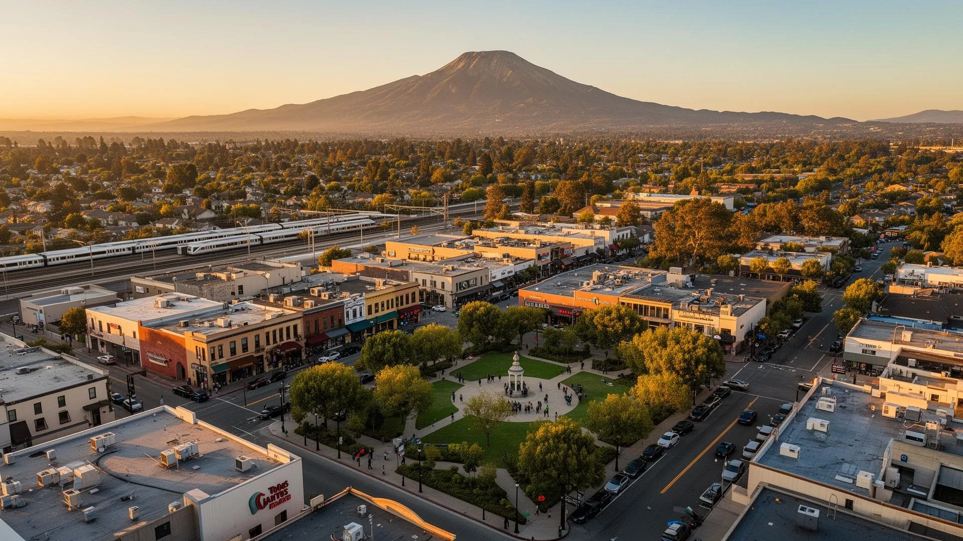 Aerial view of downtown Concord, CA, featuring shops, trees, and Mount Diablo in the background, highlighting the local business environment and community spaces.