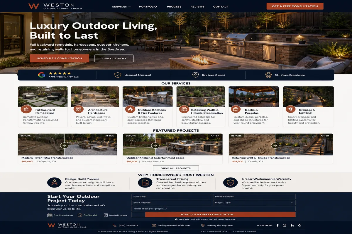 Conversion-focused website design mockup for a fictitious landscape construction and hardscaping contractor, featuring a hero section, services grid, featured project portfolio, trust badges, and a consultation booking form.