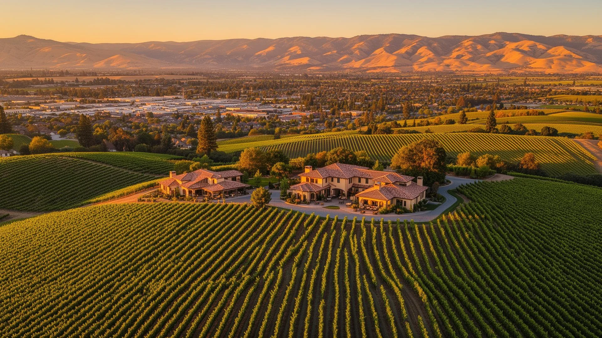 Vineyard landscape in Livermore, CA, featuring rolling hills, lush grapevines, and a Mediterranean-style building, highlighting the region's agricultural beauty and local business potential.
