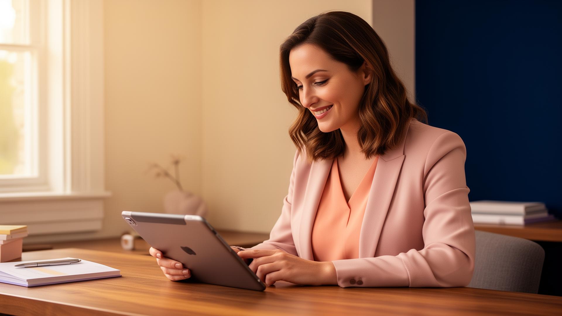 Mom-owned local service business owner reviewing leads from her unified GrowSmallBiz dashboard