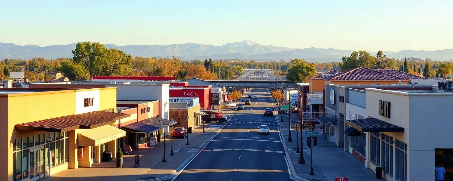 Pleasant Hill street view showcasing local businesses with mountains in the background, emphasizing community and local service marketing.