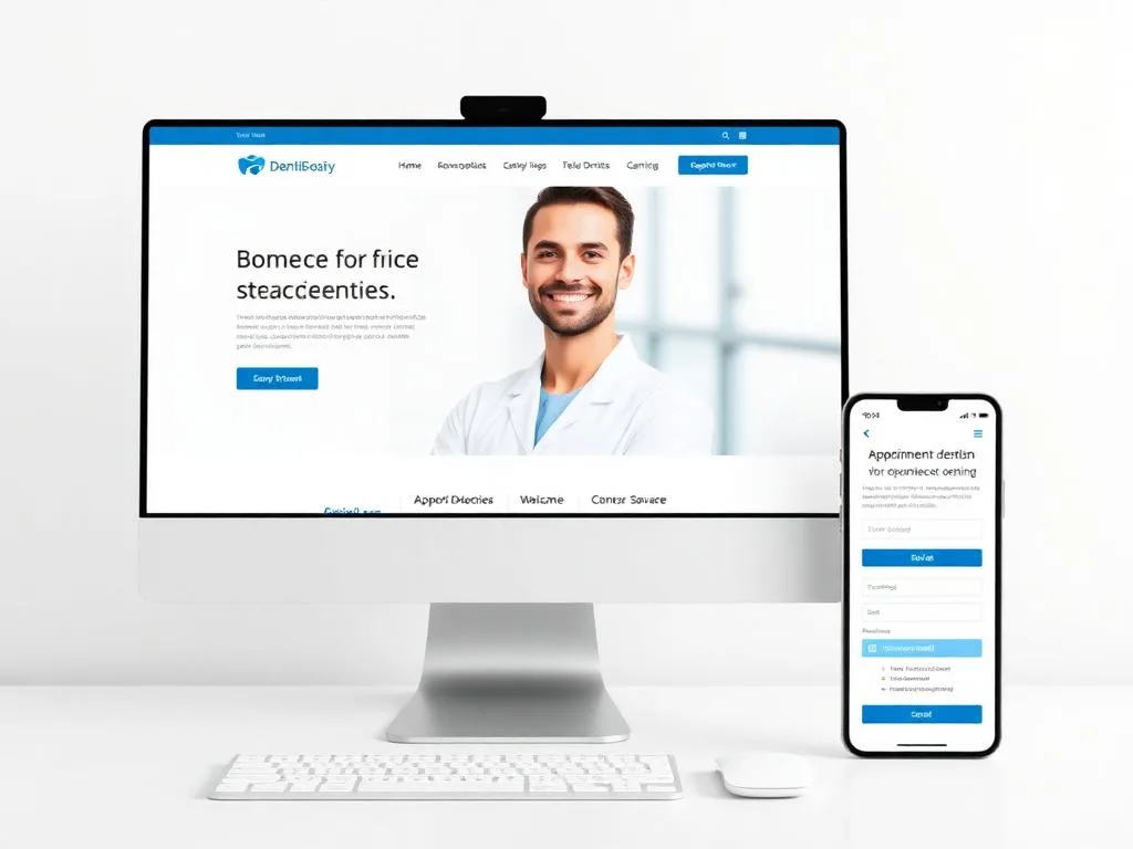 Dental website design featuring a smiling dentist on a computer screen and appointment booking interface on a smartphone, showcasing GrowSmallBiz's digital marketing services for dental practices.