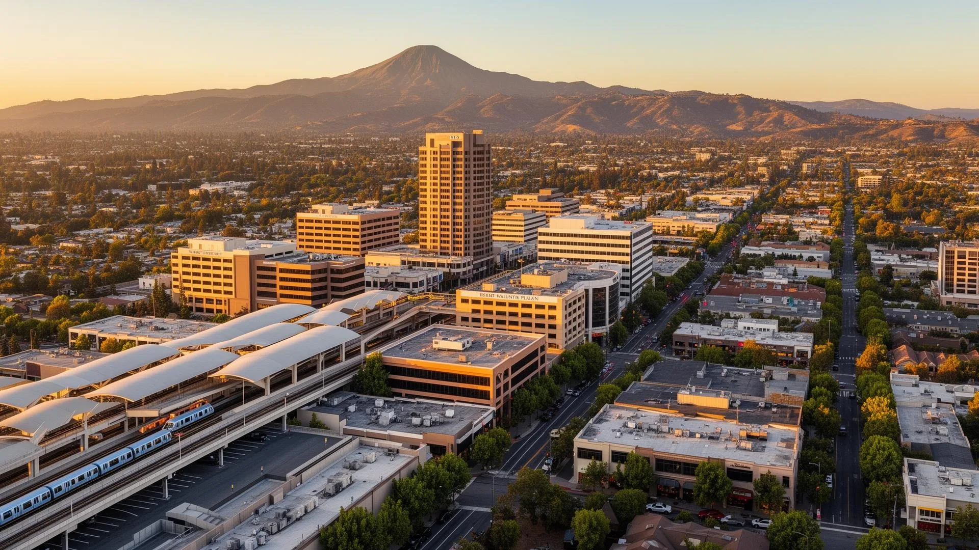 Walnut Creek cityscape at sunset featuring modern buildings, tree-lined streets, and surrounding hills, highlighting the local business environment for GrowSmallBiz's digital marketing services.